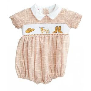 NEW RUTH AND RALPH girl's welcome to austin henry smocked bubble in orange